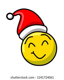 New Year's yellow cheerful happy emoji in Christmas hat on white background 