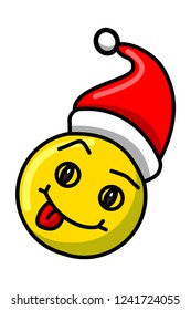 New Year's yellow cheerful with tongue emoji in Christmas hat on white background 