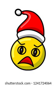 New Year's yellow scared screaming emoji in Christmas hat on white background 
