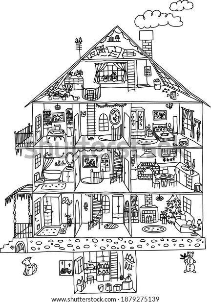 New Year\'s(Christmas) coloring page of the interior\
for children and adults. Cozy house cutaway with rooms (4 floors,\
basement and attic). There are small details that are interesting\
to look at.