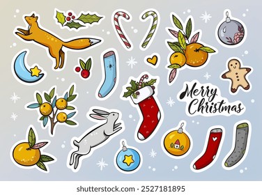New Year-themed sticker set includes charming illustrations of a fox, rabbit, festive socks, mandarins, and other holiday supplies