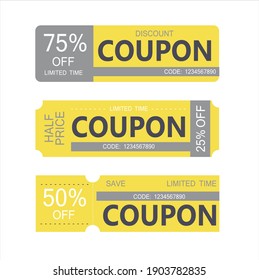 New yellow discount coupon set. Half price, 25, 50, 75% off offers template. Premium special price coupons and best promo retail pricing vouchers.
