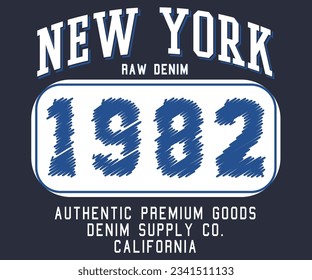 New York 1982 Zigzag font stitched with thread, embroidery font alphabet letters and numbers for apparel, print artwork	