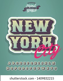 New York. 3D typeface. Serif font. Shadow font. Comic style font with shadow. Font for stickers with lettering or prints on clothes, posters.