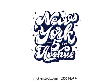 New York 5th Avenue logo. Hand drawn lettering phrase isolated on white background. Handwritten script. Design for poster, postcard, banner, signboard. Print on cup, bag, shirt.  Vector illustration
