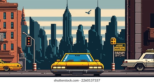 Ciudad de Nueva York de 8 bits, arcade, afiche. Calle luminosa y colorida, paisaje urbano. Paisaje urbano. 