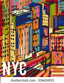 New York. Abstract colorful hand drawn night city landscape. Vector illustration in pop art style