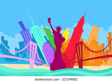 New York Abstract Skyline City Skyscraper Silhouette Flat Colorful Vector Illustration