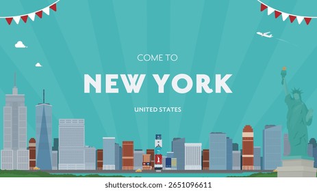 New York advertising background template decorated with Statue of Liberty and office buildings (blue)