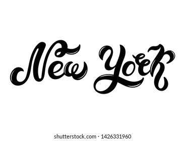 New York, America. Hand drawn lettering. Vector illustration. Typography poster, banner. Capital of USA. American flag