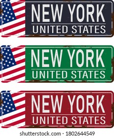 New York America retro metal souvenir print design layout. Welcome to New York vintage tin sign template. Americana vector illustration.