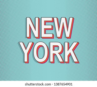 New York. America Travel Card. Lettering Greeting card. Modern Pop Art Typography. Grunge dots effects. Trendy orange, pink color with bright green blue color typography. Travel touristic minimalist