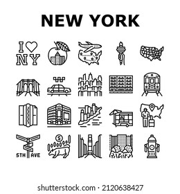 New York American City Landmarks Icons Set Vector. Square And 5th Avenue, Central Park And Broadway, Manhattan And Brooklyn Bridge Line. Subway And Taxi Cab Urban Transport Black Contour Illustrations svg