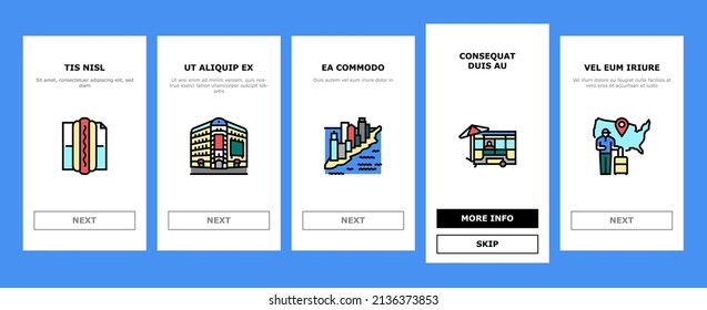New York American City Landmarks Onboarding Mobile App Page Screen Vector. Square And 5th Avenue, Central Park Broadway, Manhattan Brooklyn Bridge . Subway And Taxi Cab Urban Transport Illustrations