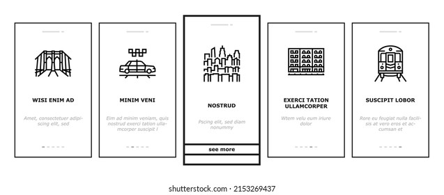 New York American City Landmarks Onboarding Mobile App Page Screen Vector. Square And 5th Avenue, Central Park Broadway, Manhattan Brooklyn Bridge . Subway And Taxi Cab Urban Transport Illustrations