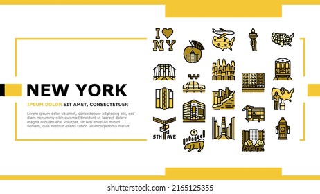 New York American City Landmarks Landing Web Page Header Banner Template Vector. Square And 5th Avenue, Central Park Broadway, Manhattan Brooklyn Bridge . Subway Taxi Cab Urban Transport Illustration