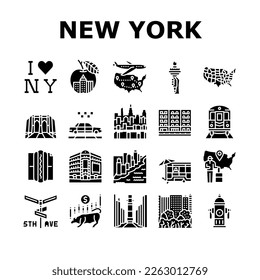 New York American City Landmarks Icons Set Vector. Square And 5th Avenue, Central Park And Broadway, Manhattan And Brooklyn Bridge. Subway Taxi Cab Urban Transport Glyph Pictograms Black Illustrations