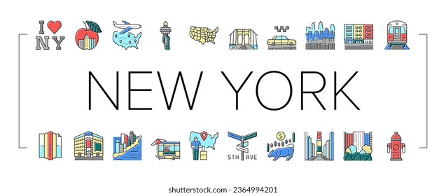 New York American City Landmarks Icons Set Vector. Square And 5th Avenue, Central Park And Broadway, Manhattan And Brooklyn Bridge Line. Subway And Taxi Cab Urban Transport Color Illustrations