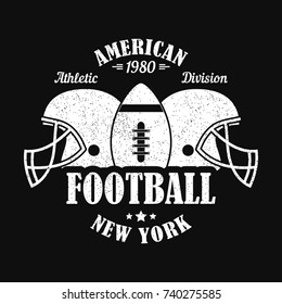 New York, american football print for sports apparel with helmet and ball. Typography emblem for t-shirt. Design for athletic clothes. Vector illustration.