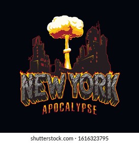 New York Apocalypse Explosive Vintage Concept With Desert Style Lettering Demolished City And Nuclear Explosion Isolated Vector Illustration