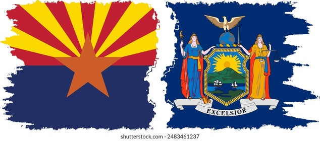 New York and Arizona states grunge brush flags connection, vector