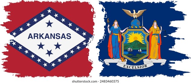 New York and Arkansas states grunge brush flags connection, vector