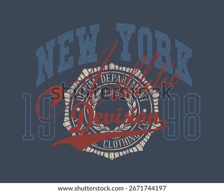 New York Athletic Division Typography Vintage Grunge Retro T-shirt tee Print Design In Vector Graphics. Vintage Grunge Rubber Stamp Featuring The New York  name.