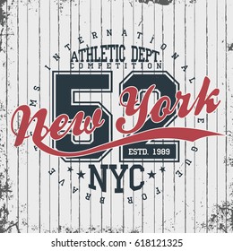 New York, athletic sportswear emblem. Athletic apparel design with lettering. T-shirt graphics. Vector