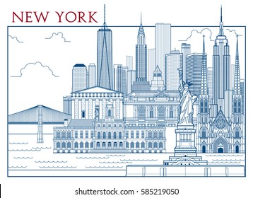New York Attractions. Handmade drawing vector illustration. All buildings - customizable different objects with background fill.