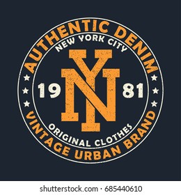 New York authentisch Denim, vintage urbane Markengrafik für T-Shirt. Originelles Kleidungsdesign mit Grunge. Retro Bekleidungstypografie Druck.  Vektorgrafik.