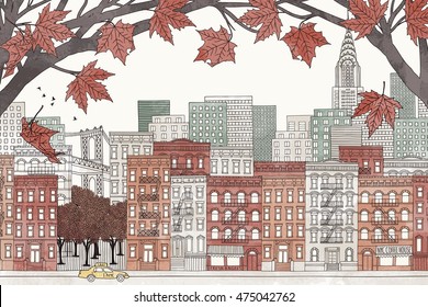 New York in Autumn - hand drawn colorful illustration of the city with orange-brown maple branches