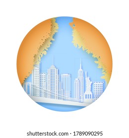 New York in autumn landscape in round frame in paper cut style. Cut out skyscraper, bridge, Statue of Liberty, business center, residential areas from cardboard. Vector 3D illustration of NYC panorama