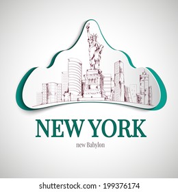 New york babylon city emblem with statue of liberty and skyscrapers vector illustration