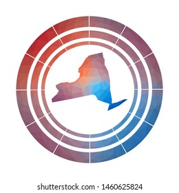 New York badge. Bright gradient logo of US state in low poly style. Multicolored New York rounded sign with map in geometric style for your infographics.