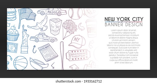 New York Banner Doodle. Monument icons Background Hand drawn. united States Icons illustration. Vector Horizontal Design.