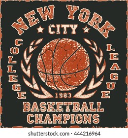 New York Basketball Team t-shirt graphics, american College Championship grunge Emblem, Basket Ball with laurel wreath Sport Athletics typography stamp.