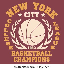 New York Basketball Team t-shirt graphics, american College Championship grunge Emblem, Basket Ball with laurel wreath Sport Athletics typography stamp.