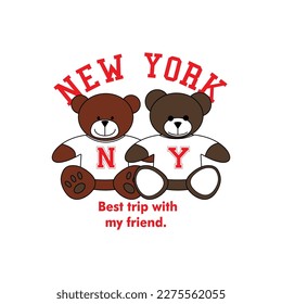 New York, die beste Reise mit meinem Freund.
zwei Teddybären mit weißen T-Shirts, einer mit "n" geschrieben und der andere mit "y".
Modedesign, Vektorgrafiken für T-Shirts und Endlosanwendungen.