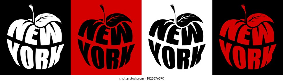 New York, big apple text. Metropolis of America, NY in shape of apple. Sticker for web design. Vector