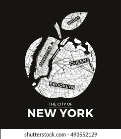 New York big apple t-shirt graphic design with city map. Tee shirt print, typography, label, badge, emblem. Vector illustration.