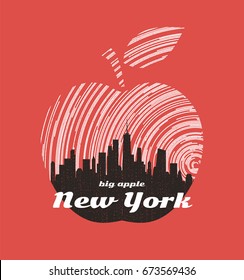 New York big apple t-shirt graphic design with city skyline. Tee shirt print, typography, label, badge, emblem. Vector illustration.