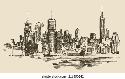 New York, big city architecture, vintage engraved illustration, hand drawn, sketch