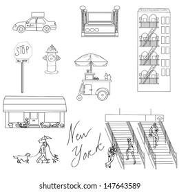 New York Black And White Illustration. NY City Elements, Taxi, Subway Entrance,skyscraper,stop Sign, Hydrant,hot Dog , Flower Shop, Walking Dogs, Running People On Stairs Of A Subway.