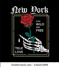 

New York bone hand with roses trendy embroidery print t shirt tee sweatshirt textile frame vintage rock style for street casual wear Print with fashion phrases graphic design old school illustration