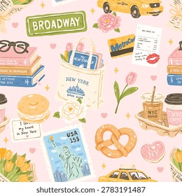 New York Bookish Seamless Pattern with NYC Coffee, Broadway Taxi and Reader Aesthetic, Cute City Girl Digital Paper Background