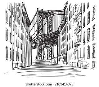 New York bridge, sketch illustration.