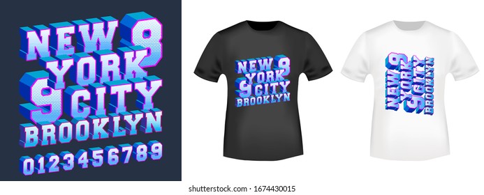 New York Brooklyn 3D design typography with numbers for t-shirt print stamp, t shirts applique, tee badge, label, clothing tag, jeans, and casual wear. Vector illustration.