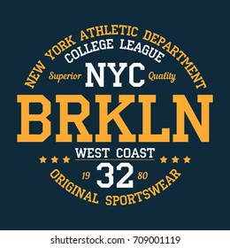 Nueva York, Brooklyn, abreviado "BRKLN"- tipografía para ropa de diseño, camiseta atlética. Gráficos para productos impresos, ropa. Insignia para ropa deportiva original. Ilustración vectorial.