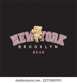 New York, Brooklyn, Bär, schwarzer Hintergrund, glücklicher Teddybär.
Modedesign, Vektorgrafiken für T-Shirts und Endlosanwendungen.