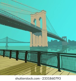 New York and Brooklyn Bridge or the East River Bridge, USA. View on Brooklyn Bridge, illustration.